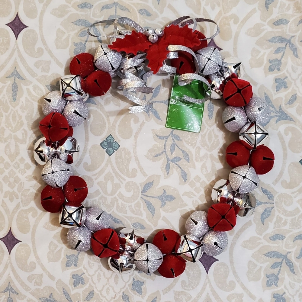 Silver And Red Velvet Jingle Bell Wreath Ornament. NWT